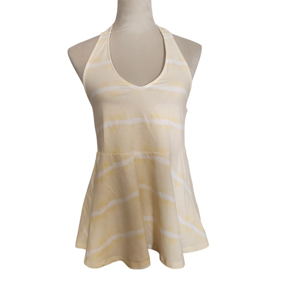 Yellow Tie Dye Halter Peplum Top V-Neck Sleeveless Summer Shirt